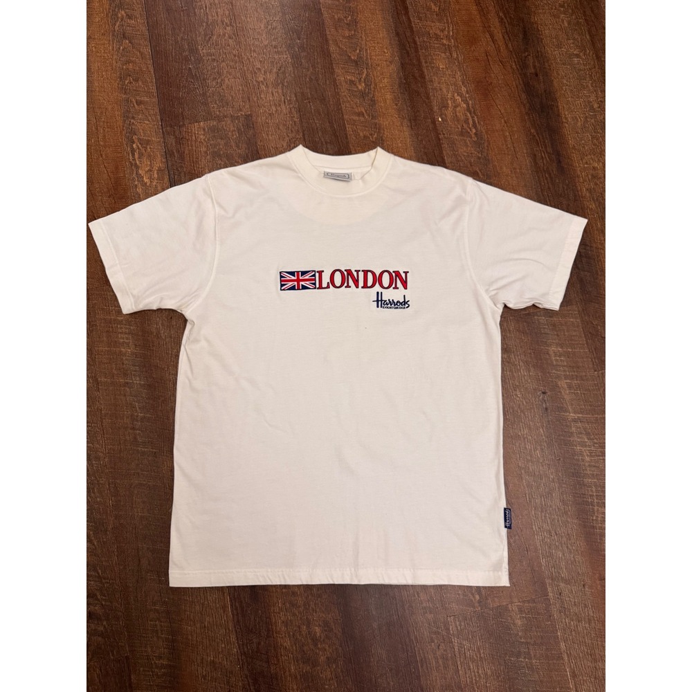 Vintage Harrods London T Shirt Medium White Union Jack Embroidered Unisex